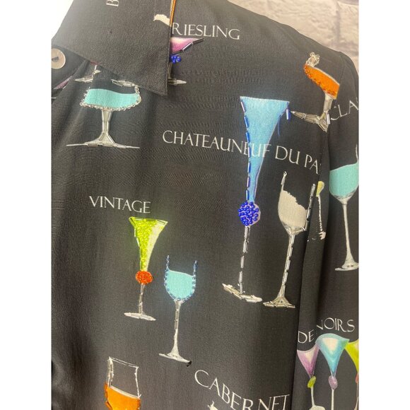 Nicole Taylor Silk Blouse Art Deco Blouse Cocktail Drink Print MED long sleeve - Picture 3 of 9